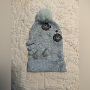 Pom Beanie & Gloves Set in Light Blue
